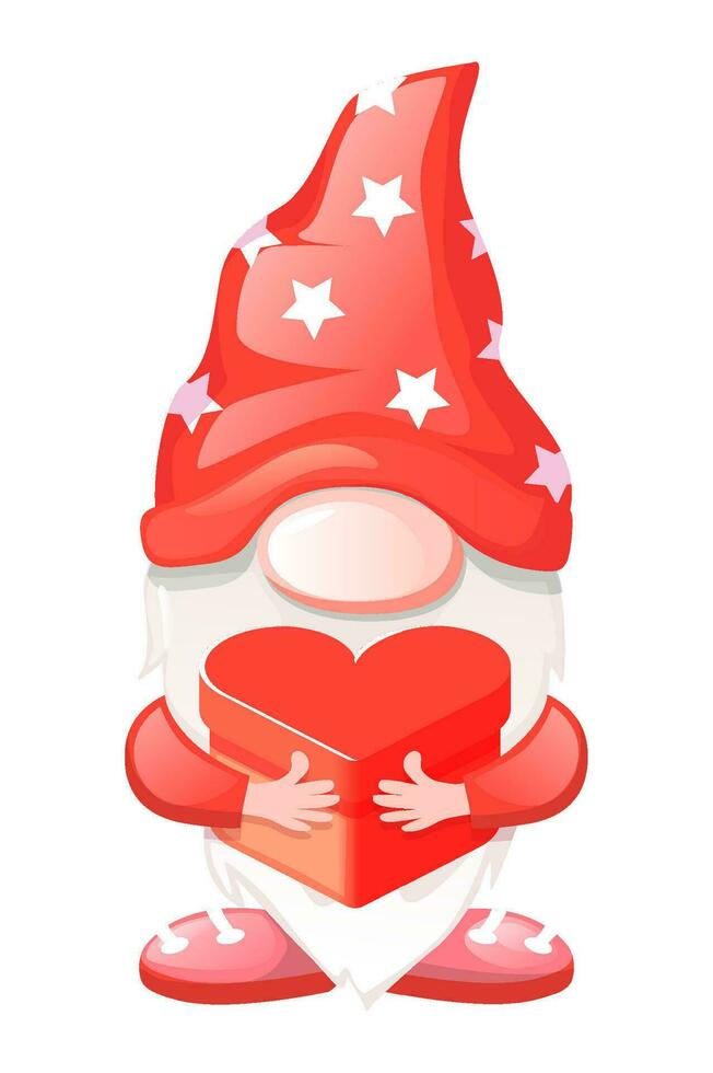 söt valentine gnome med hjärtformade gåva låda. vektor illustration för st. valentine s dag.