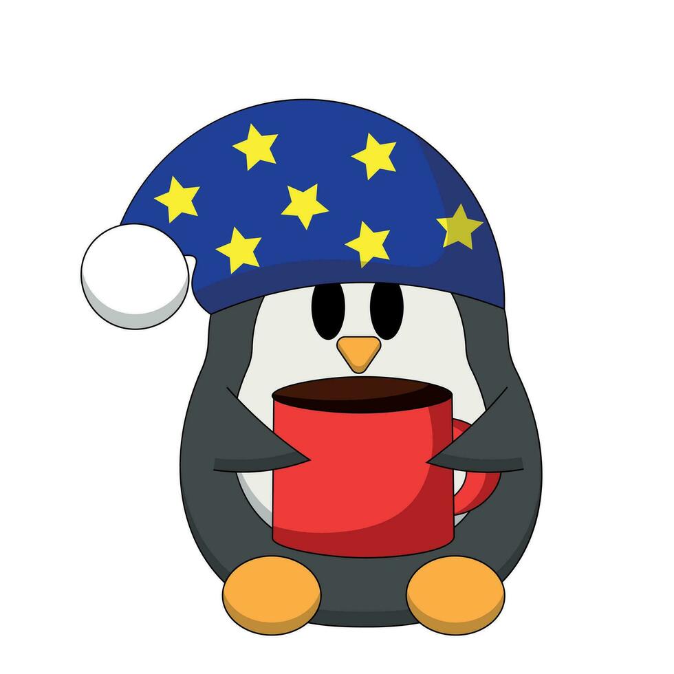 tecknad serie söt sömn pingvin med kopp i Färg vektor