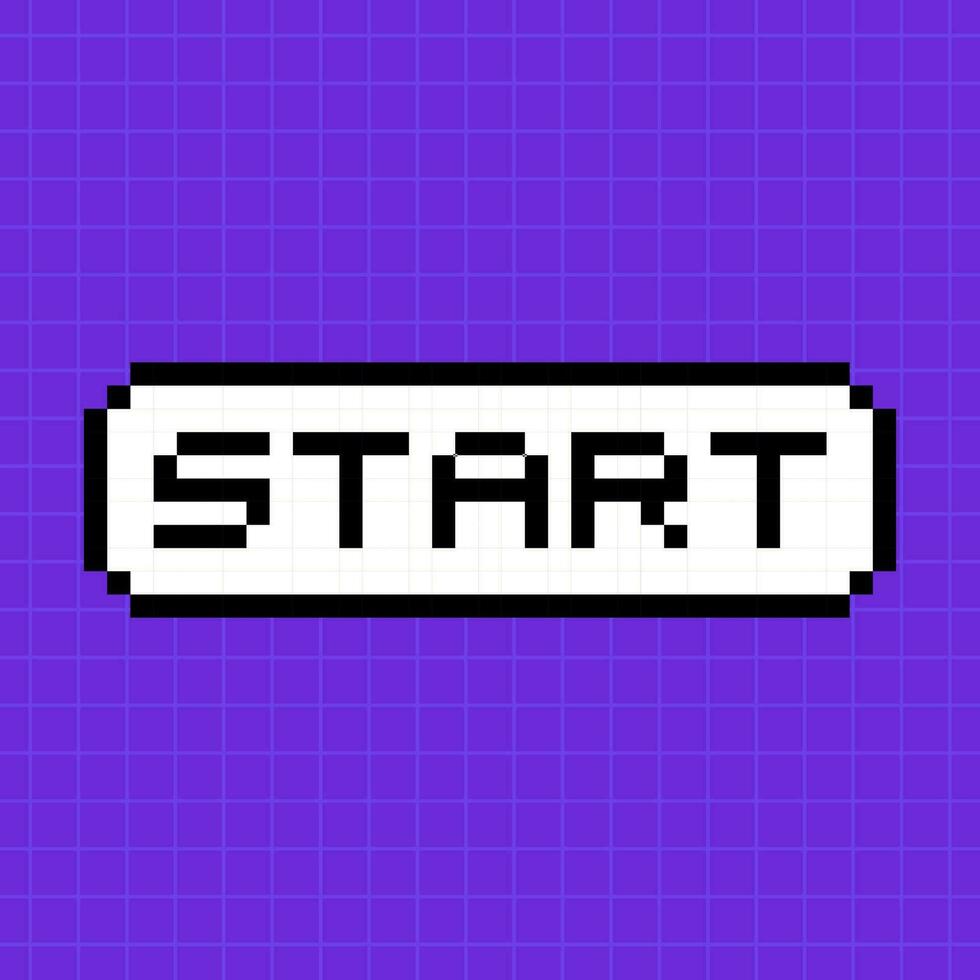 pixel knapp med de inskrift Start i 8-bitars stil isolerat på en ljus lila bakgrund. en dyka upp dialog låda med en rubrik i ett gammal retro spel. vektor