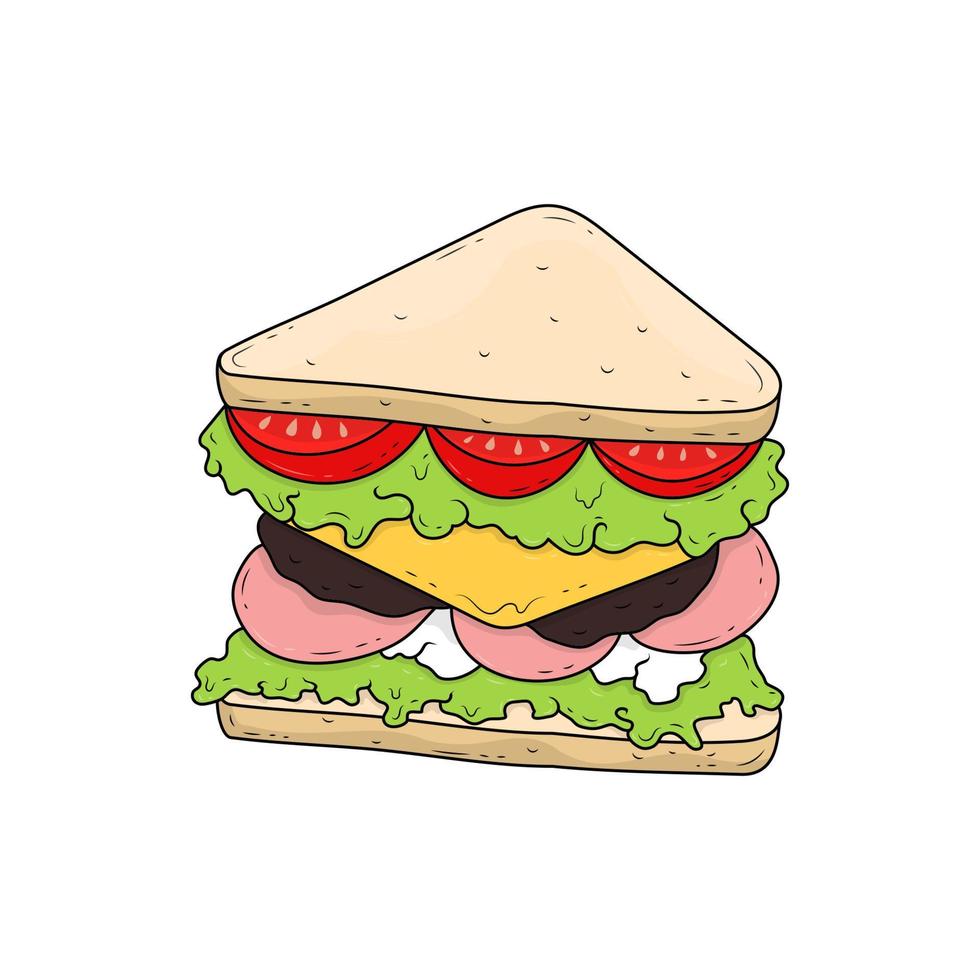 Umriss-Sandwich-Schinken-Käse auf weißem Hintergrund. vektor