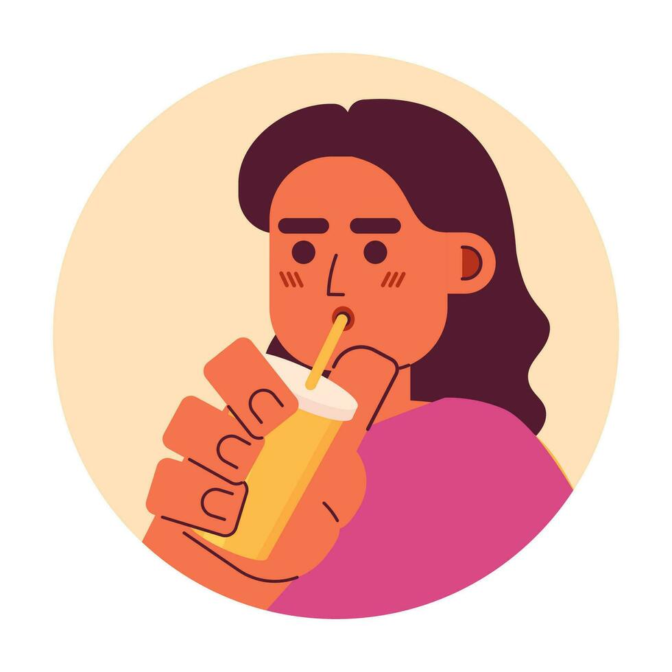 vågig hår indisk flicka smuttar sugrör 2d vektor avatar illustration. kaffe njuter söder asiatisk lady tecknad serie karaktär ansikte. kvinna dricka milkshake platt Färg användare profil bild isolerat på vit