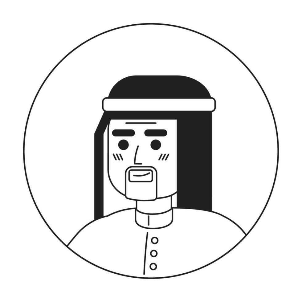 Saudi Alten Mann entspannt Stehen schwarz und Weiß 2d Vektor Benutzerbild Illustration. heiter arabisch Senior männlich Gliederung Karikatur Charakter Gesicht isoliert. positiv zuversichtlich Kopfschuss posieren eben Porträt