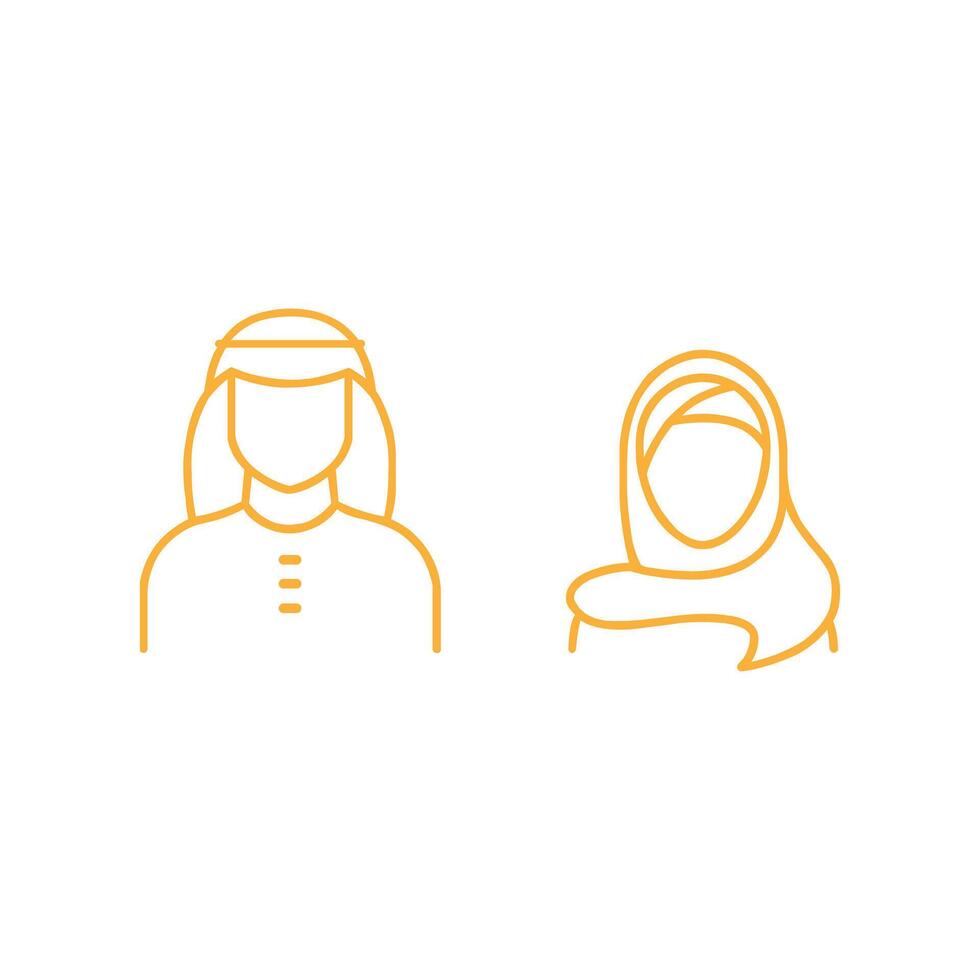 Orange Saudi Menschen Linie Kunst Symbol. Mann und Frau im traditionell Muslim Shemakh Kopf Schal isoliert auf Weiß Hintergrund. arabisch Paar Gliederung Form. Vektor Illustration editierbar Schlaganfall