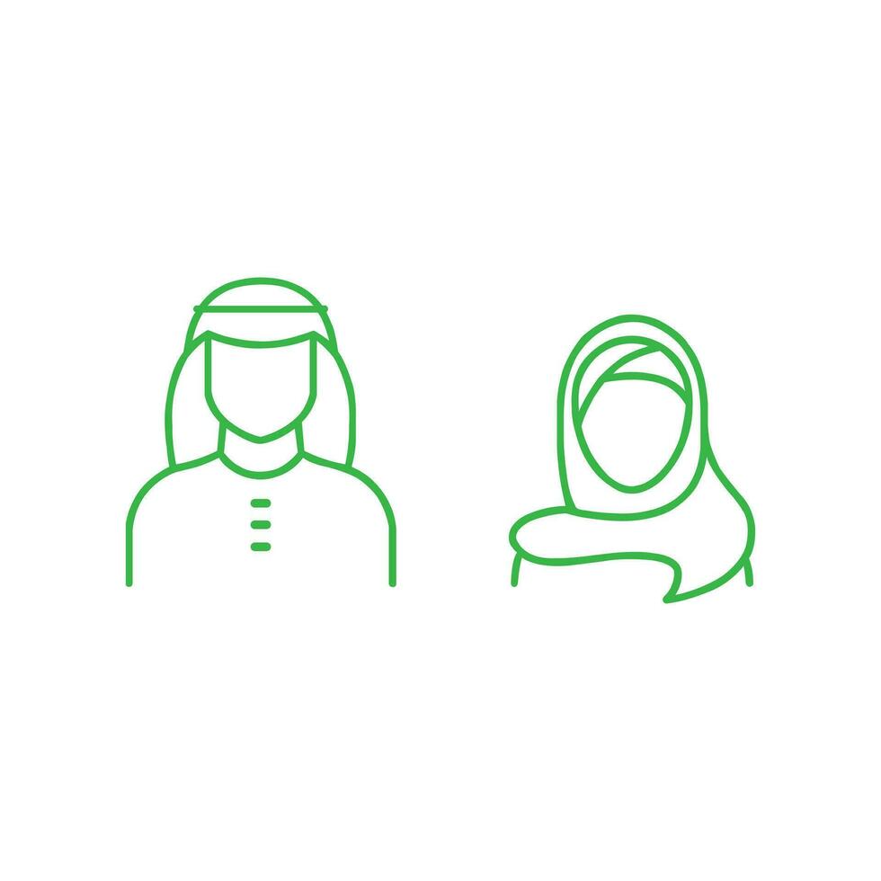 Grün Saudi Menschen Linie Kunst Symbol. Mann und Frau im traditionell Muslim Shemakh Kopf Schal isoliert auf Weiß Hintergrund. arabisch Paar Gliederung Form. Vektor Illustration editierbar Schlaganfall