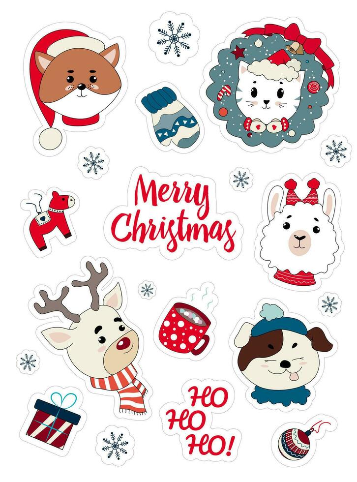 de jul uppsättning av klistermärken med djur och vinter- högtider detaljer vektor