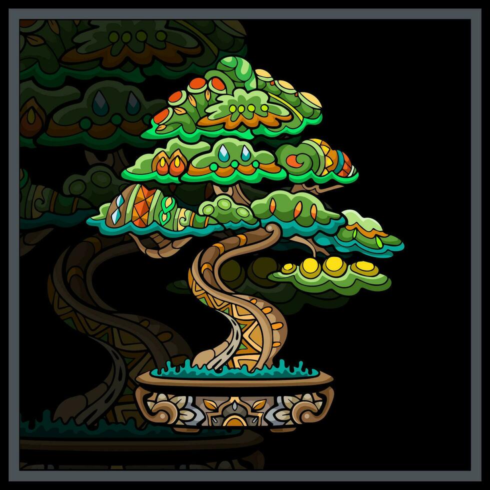 bunt Bonsai Baum Mandala Kunst isoliert auf schwarz Hintergrund. vektor