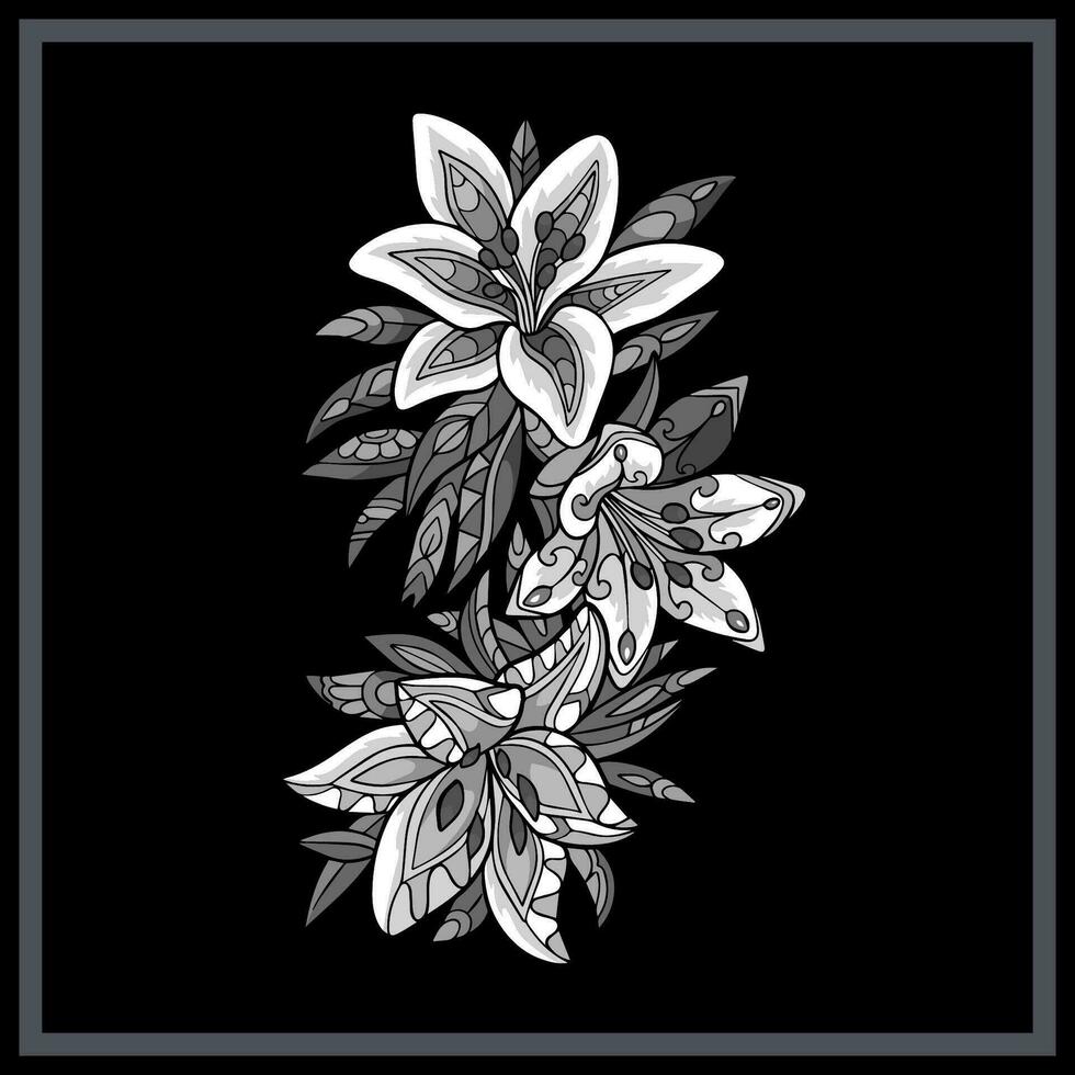 svartvit tiger lilja blomma mandala konst isolerat på svart bakgrund. vektor