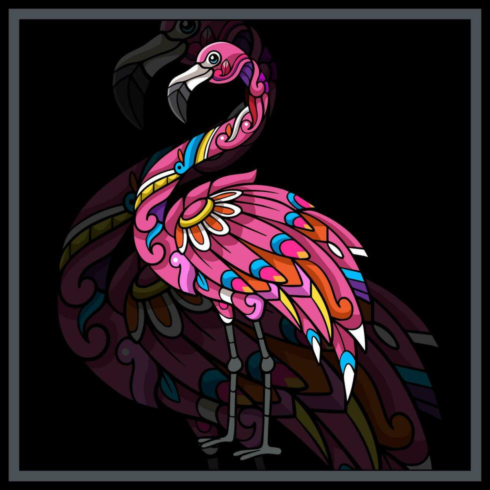 färgrik flamingo mandala konst isolerat på svart bakgrund. vektor