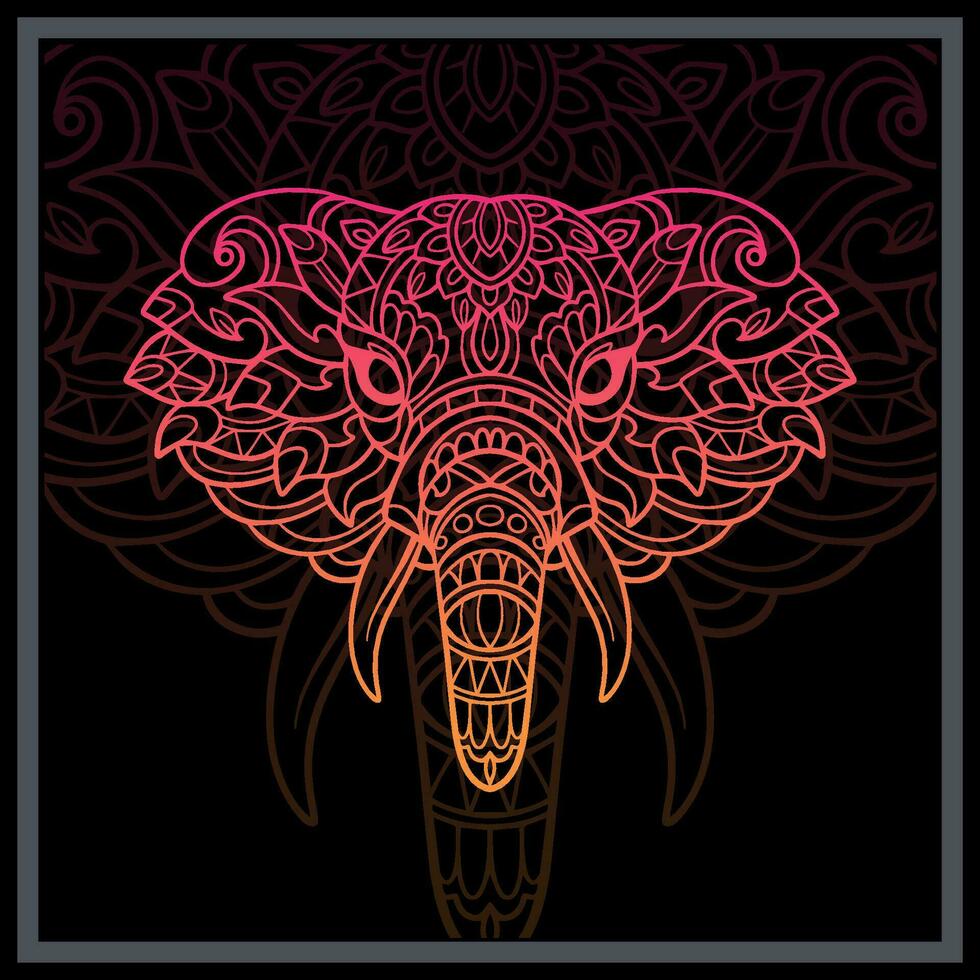 lutning färgrik elefant huvud mandala konst isolerat på svart bakgrund. vektor