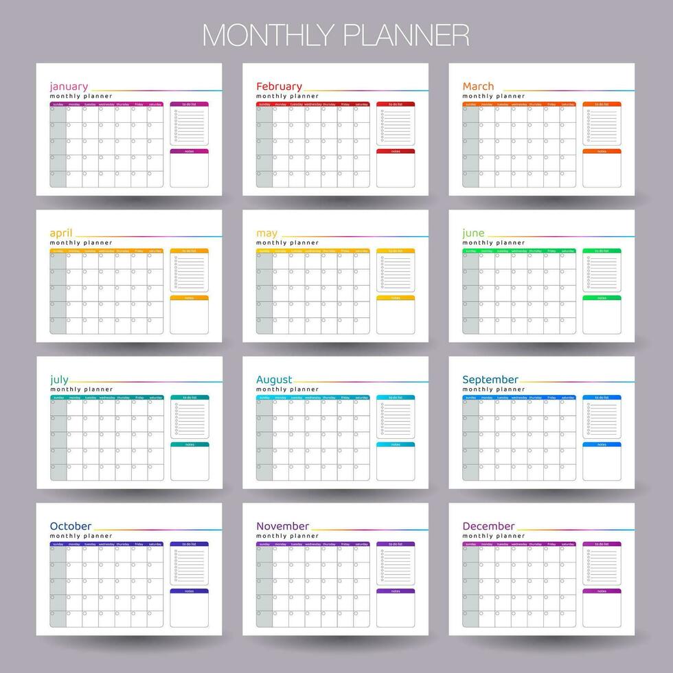 12 Monat Jahr planen Woche und Tag Farbe Kalender Vorlage Design zum Geschäft vektor