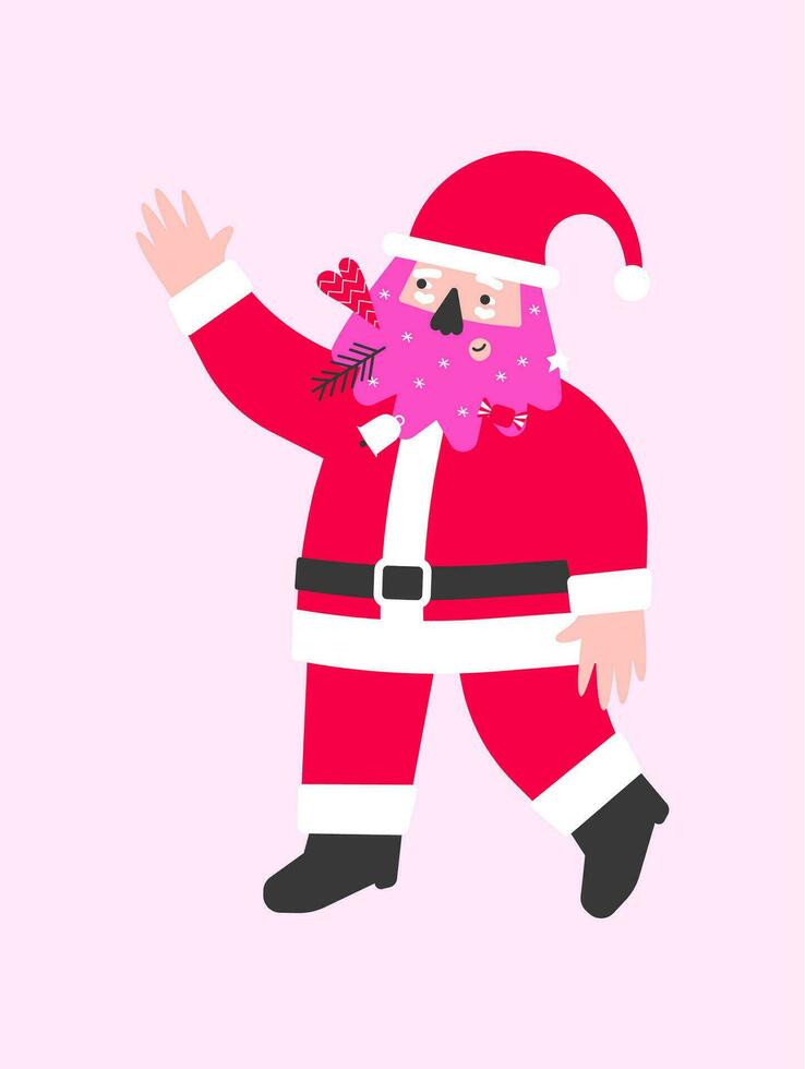 Vektor Illustration mit eben Charakter von amerikanisch Santa Klaus. Design von a4 Poster, Gruß Karte zu Wunsch fröhlich Weihnachten. Neu Jahr Postkarte im Rot, Rosa Farben. Bart ist dekoriert durch Süßigkeiten