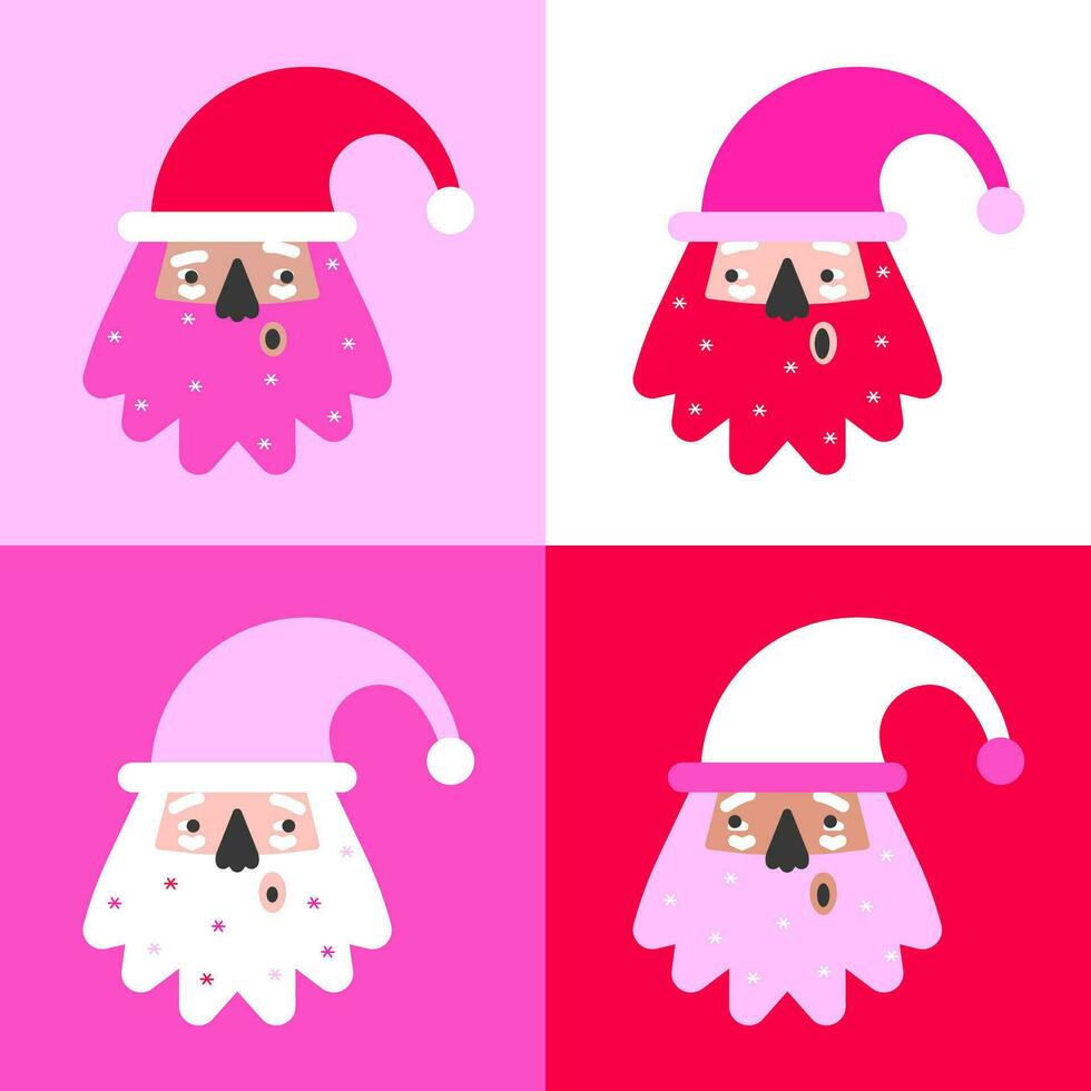 vektor illustration med platt tecknad serie tecken av santa claus, afrikansk, kaukasiska. design av affisch eller hälsning kort för glad jul av Lycklig ny år. pop- konst mall i röd och rosa färger