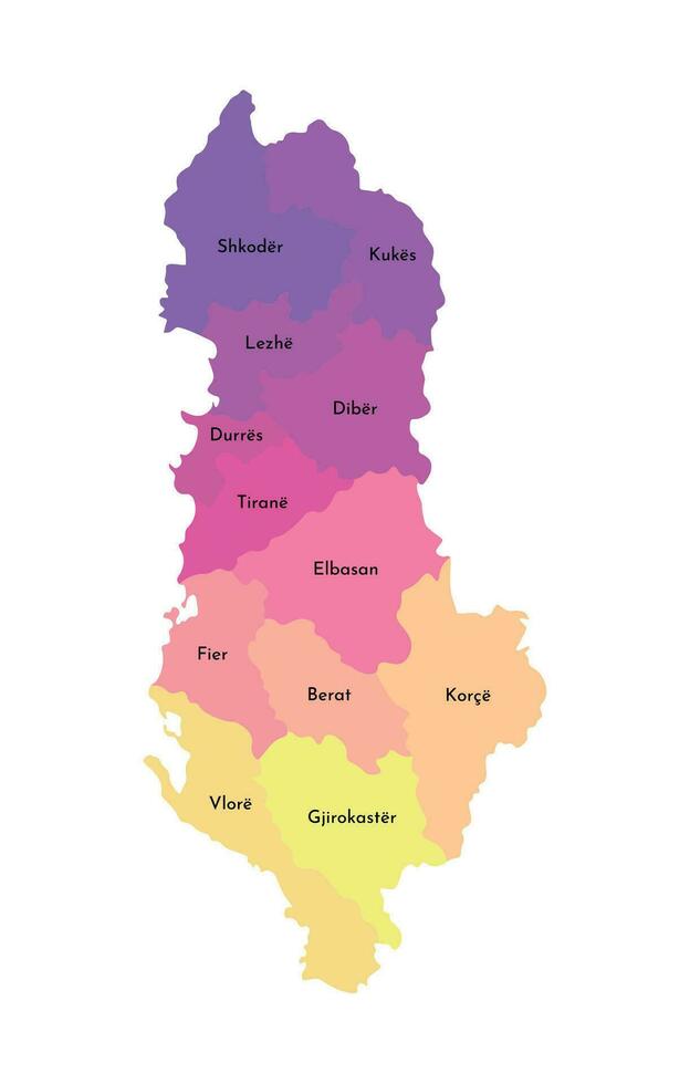 Vektor isoliert Illustration von vereinfacht administrative Karte von Albanien. Grenzen und Namen von das Regionen. multi farbig Silhouetten.