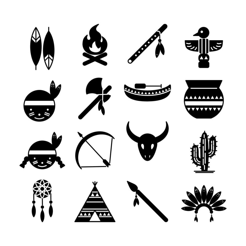 Icon Set Vektorgrafik des amerikanischen Ureinwohners. Symbol im einfarbigen schwarzen Stil. vektor