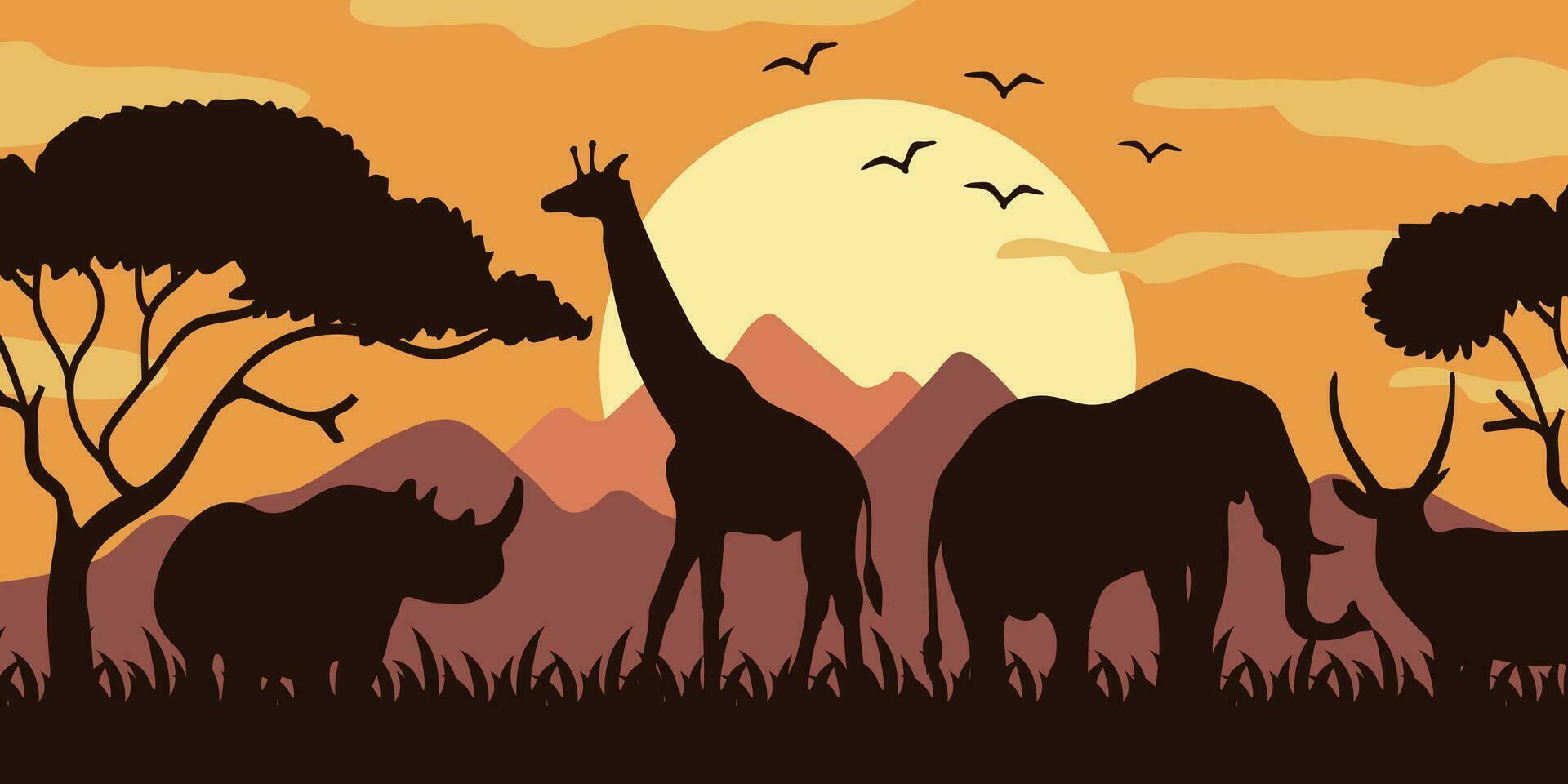 Silhouette von Tiere und Bäume im ein Savanne während das Abend, gegen ein afrikanisch abstrakt Hintergrund vektor