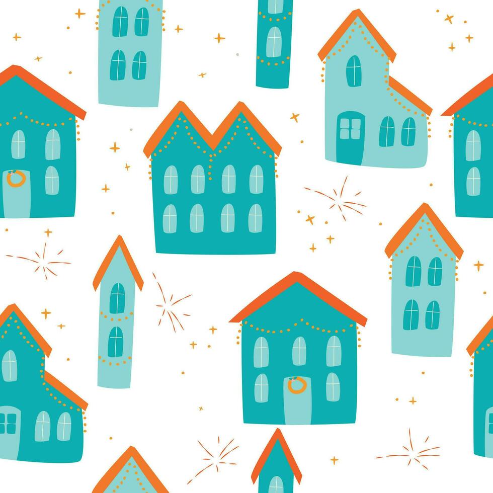 Weihnachten nahtlos Muster. Neu Jahr Stadt, Häuser und Schnee vektor