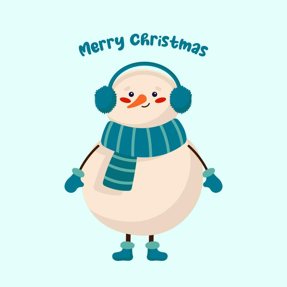söt snögubbe i en scarf och värma hörlurar. jul kort med snögubbe vektor