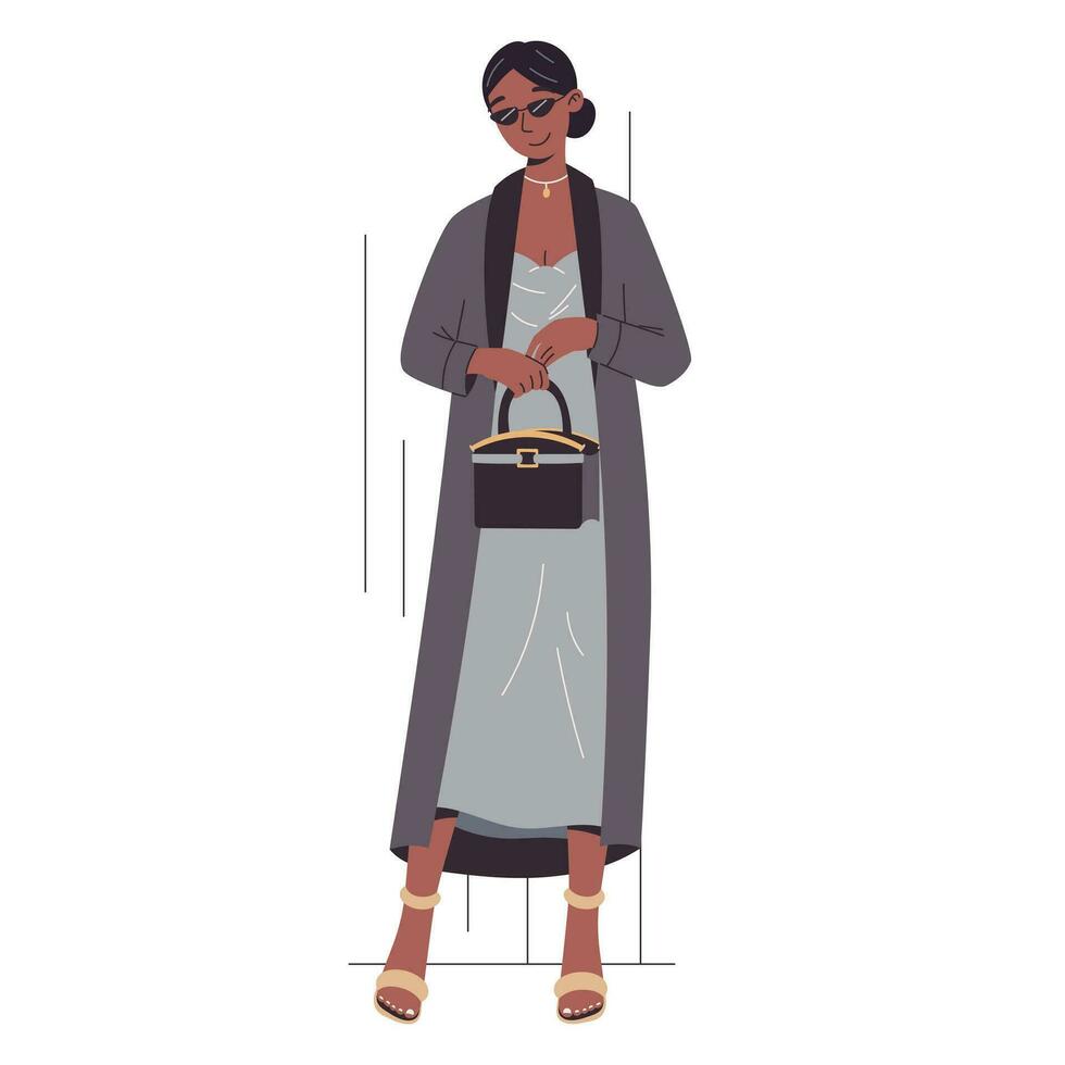ung skön tecknad serie mode modell afrikansk amerikan kvinna Framställ. vektor isolerat platt flicka i en klänning och täcka med handväska. elegant lady affärskvinna.