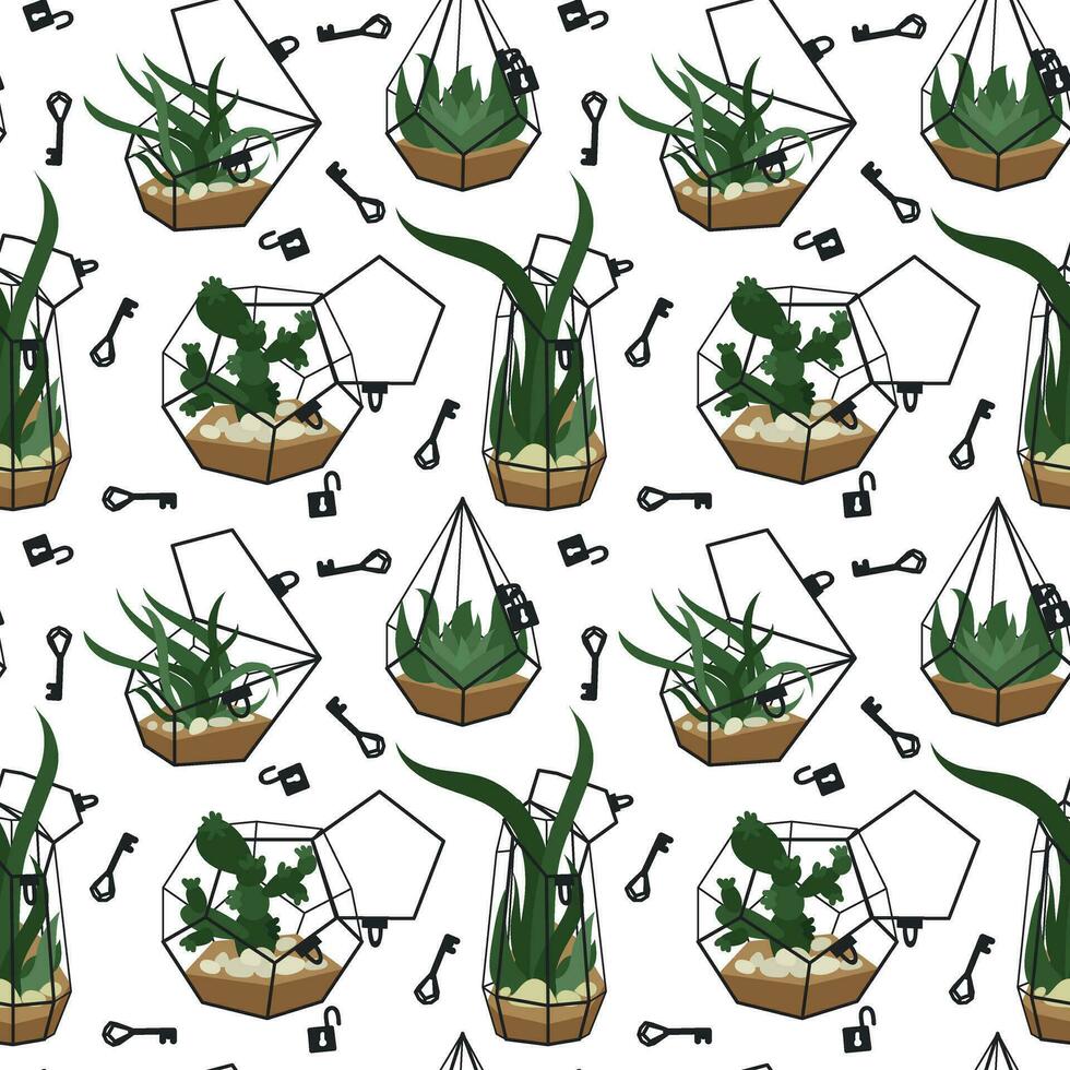 einstellen von schön Innen- und draussen Terrarien mit Blumen, Schlösser mit Schlüssel auf ein Weiß. Vektor Illustration von ein Glas Florarium von verschiedene geometrisch Formen mit Sukkulenten, Kakteen, Aloe Vera, Steine