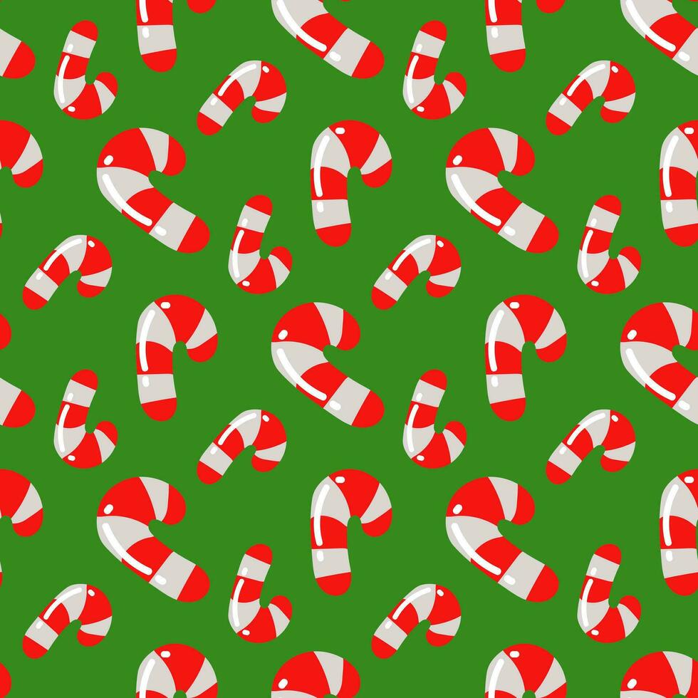 gestreift Süßigkeiten Stock Muster. Vektor nahtlos Textur. festlich Neu Jahre Ornament von gestreift rot und Weiß Süßigkeiten auf ein Grün Hintergrund. Weihnachten Geschenk Verpackung. Kinder- Textilien