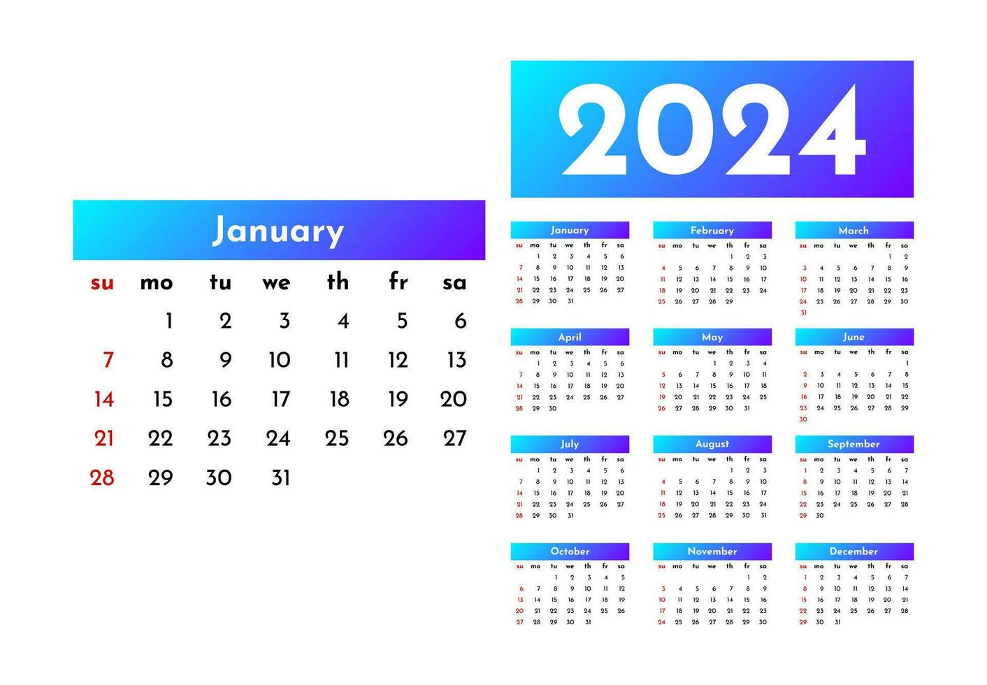 Kalender zum 2024 isoliert auf ein Weiß Hintergrund vektor