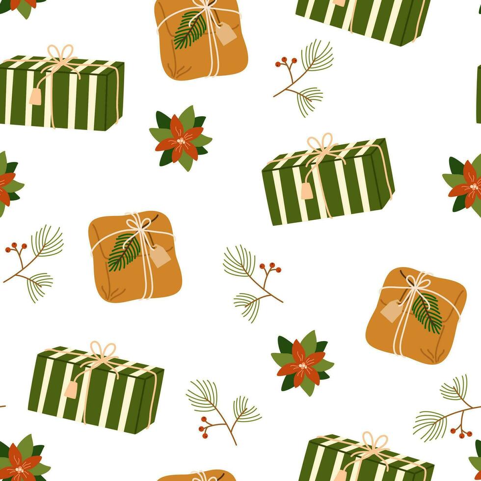 Weihnachten Geschenke Kisten nahtlos Muster. Urlaub Geschenk dekoriert mit Beere Zweig, Schild, eingewickelt im Öko recycelt Handwerk. Vektor Design zum Winter Verkauf Hintergrund, Verpackung Papier, Karten, Textil-