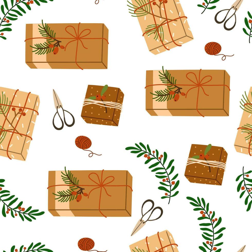 jul gåvor lådor sömlös mönster. Semester närvarande dekorerad med bär gren, märka, insvept i eco återvunnet hantverk. vektor design för vinter- försäljning bakgrund, omslag papper, kort, textil-
