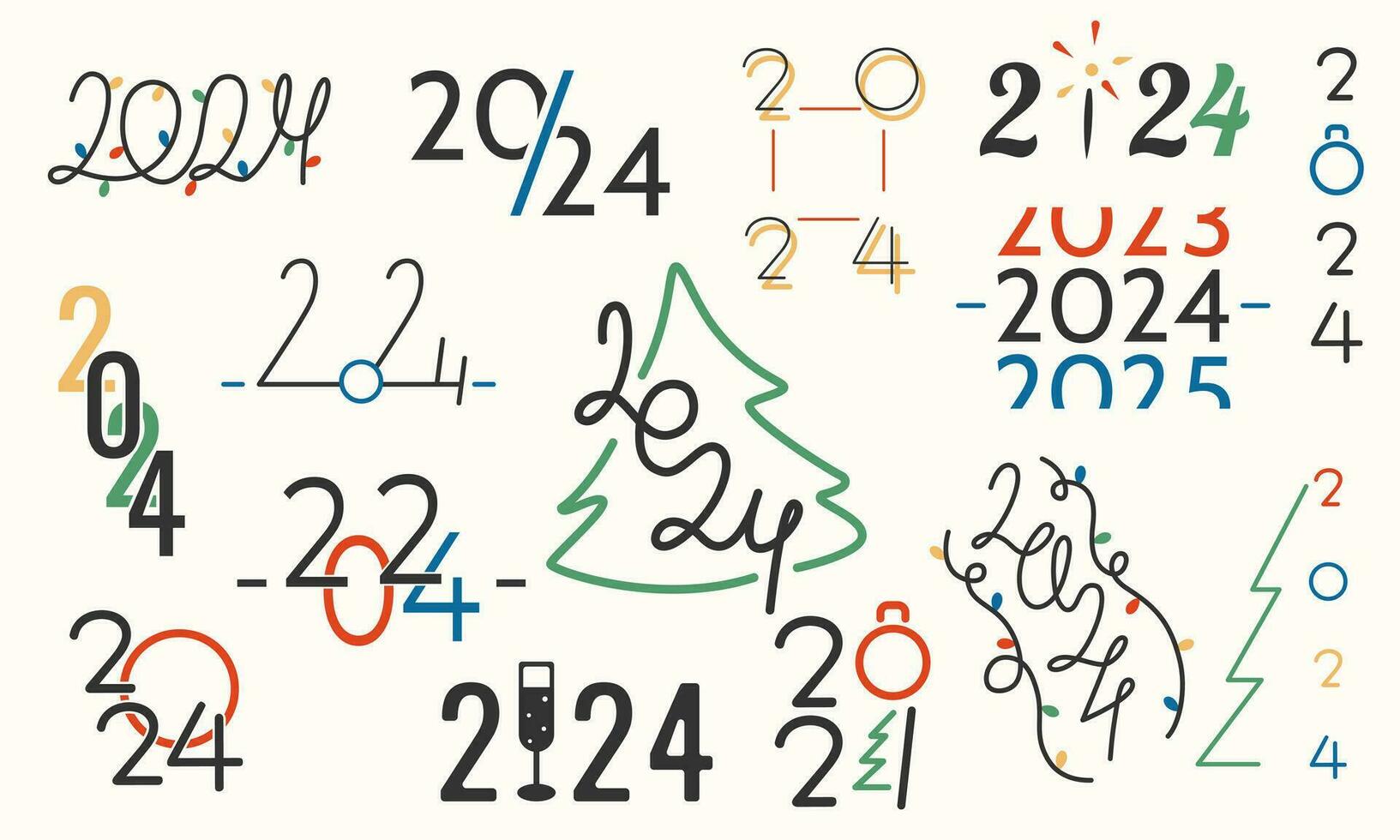 2024 ny år logotyp text design. uppsättning av 2024 siffra design mall. jul symboler 2024. vektor illustration med logotyper för skriva ut.