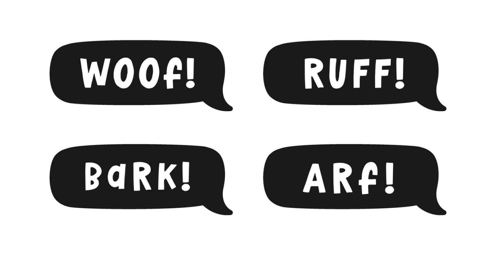 hund bark djur- ljud effekt text i en Tal bubbla ballong silhuett ClipArt uppsättning. söt tecknad serie onomatopoeia serier och text. vektor