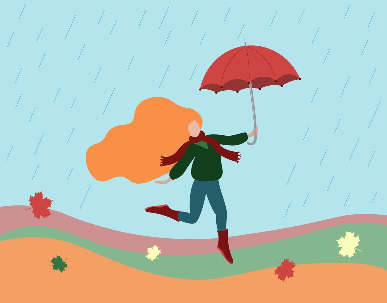 kvinna i höstkläder med paraply. det regnar. glad vacker tjej njuter av höstens natur. höst säsongskoncept. vektor illustration