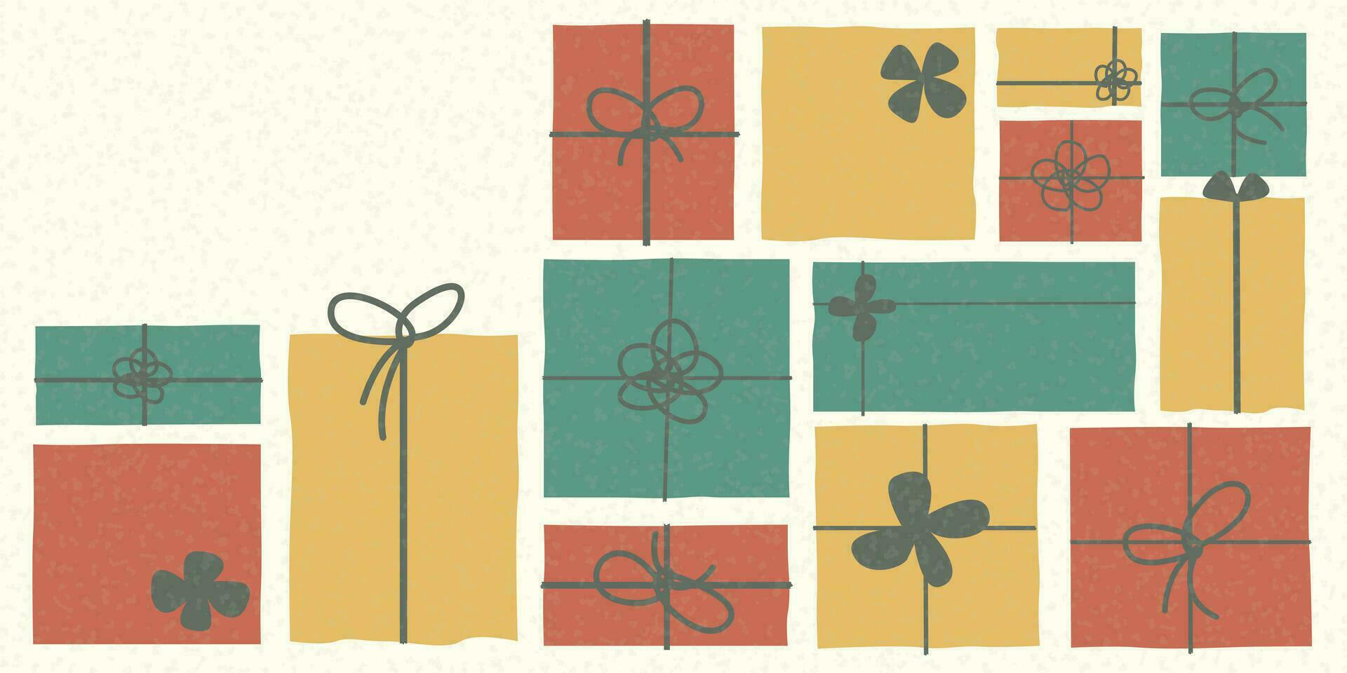 färgrik gåva lådor barnslig stil vektor illustration ha tom Plats. glad jul och Lycklig ny år hälsning kort mall.