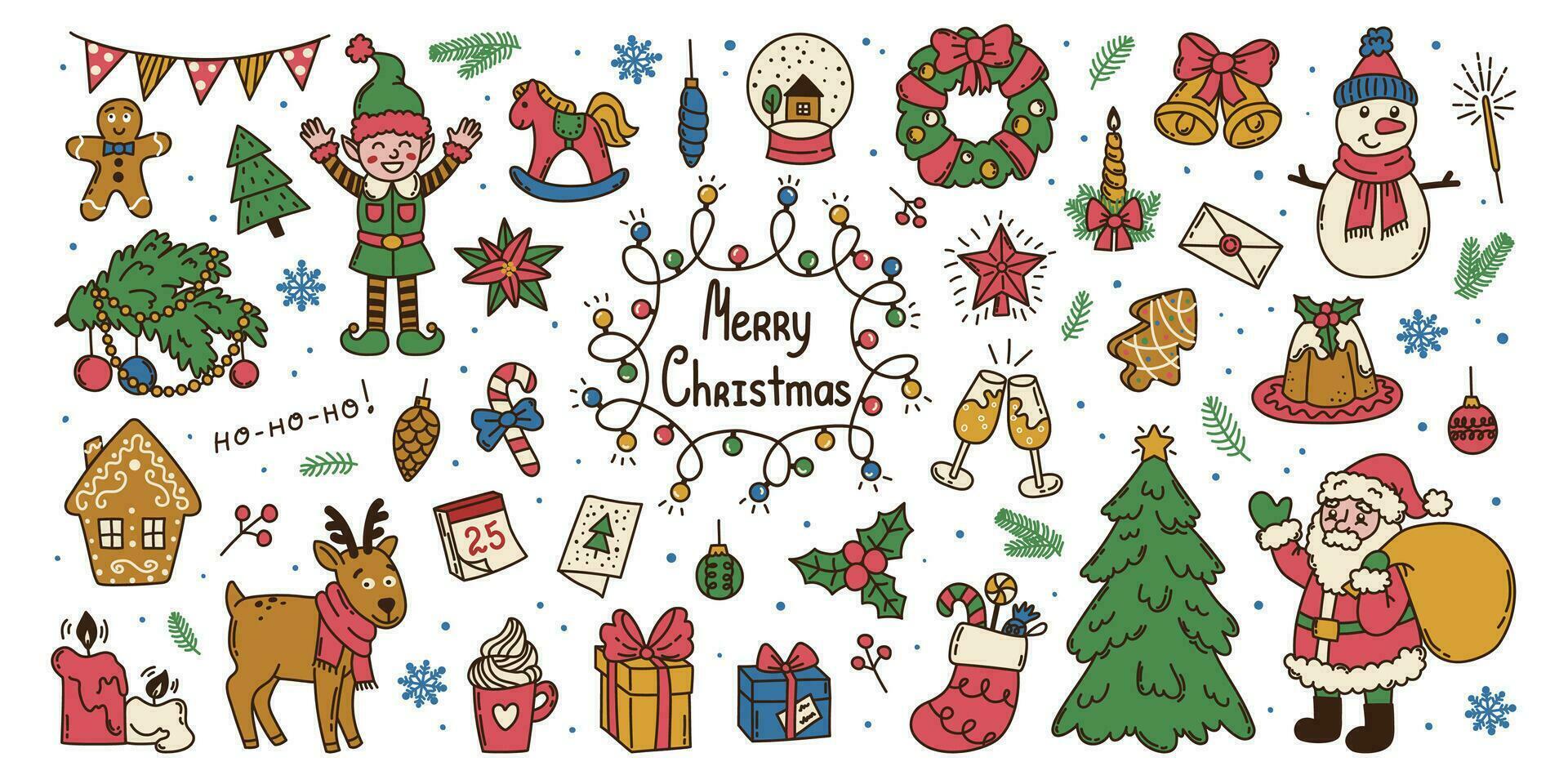 uppsättning hand dragen klotter jul element. santa claus, jul träd, älva, rådjur, bollar, krans, text glad jul, pepparkakor, snögubbe. platt färgrik vektor illustration på vit bakgrund