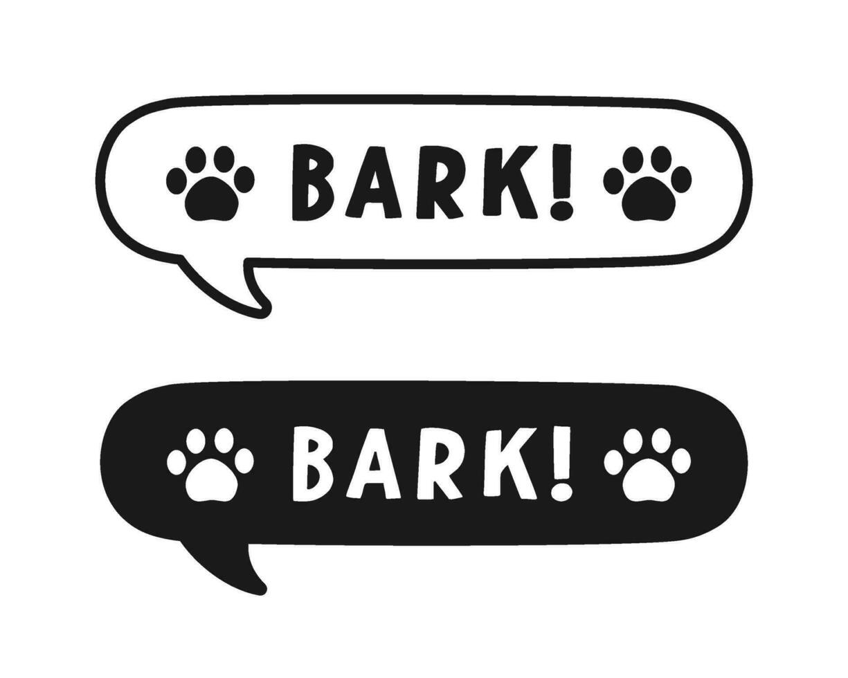 bark text i en Tal bubbla ballong översikt och silhuett uppsättning. tecknad serie serier hund ljud effekt text. enkel platt vektor illustration.