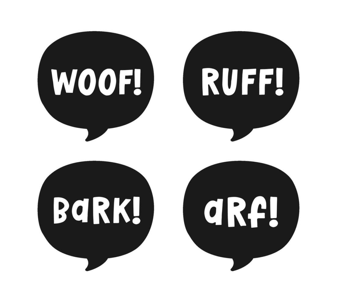 hund bark djur- ljud effekt text i en Tal bubbla ballong silhuett ClipArt uppsättning. söt tecknad serie onomatopoeia serier och text. vektor