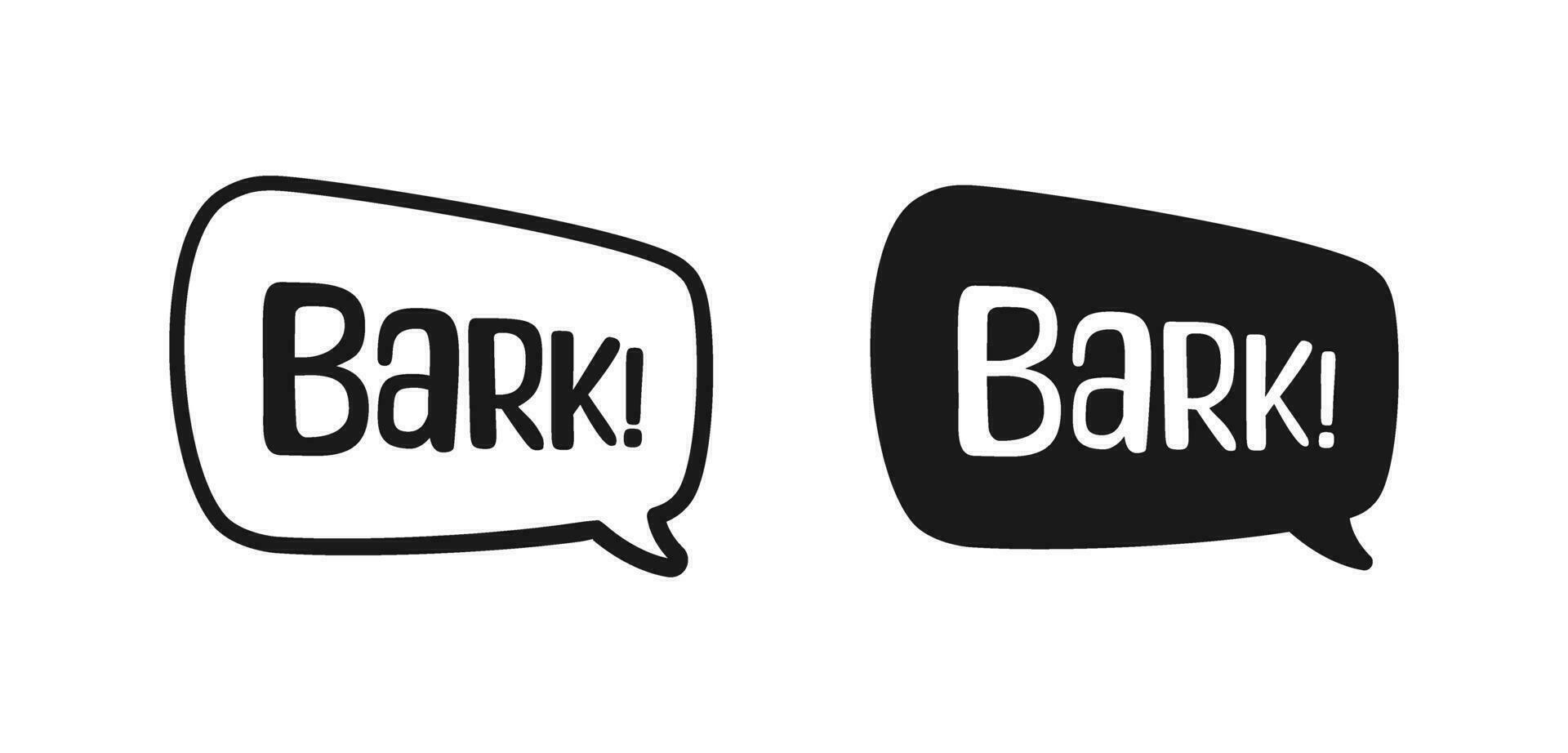 bark text i en Tal bubbla ballong översikt och silhuett uppsättning. tecknad serie serier hund ljud effekt text. enkel platt vektor illustration.