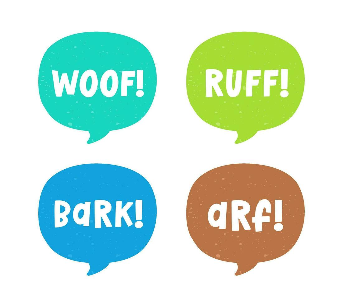 hund bark djur- ljud effekt text i en Tal bubbla ballong ClipArt uppsättning. söt tecknad serie onomatopoeia serier och text. vektor