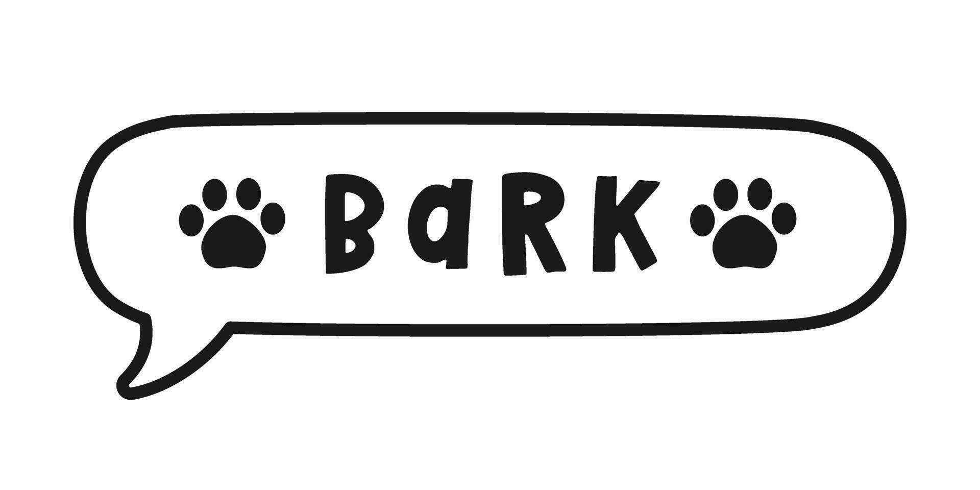 bark text i en Tal bubbla ballong översikt klotter linje konst. söt tecknad serie serier hund ljud effekt och text. vektor illustration.