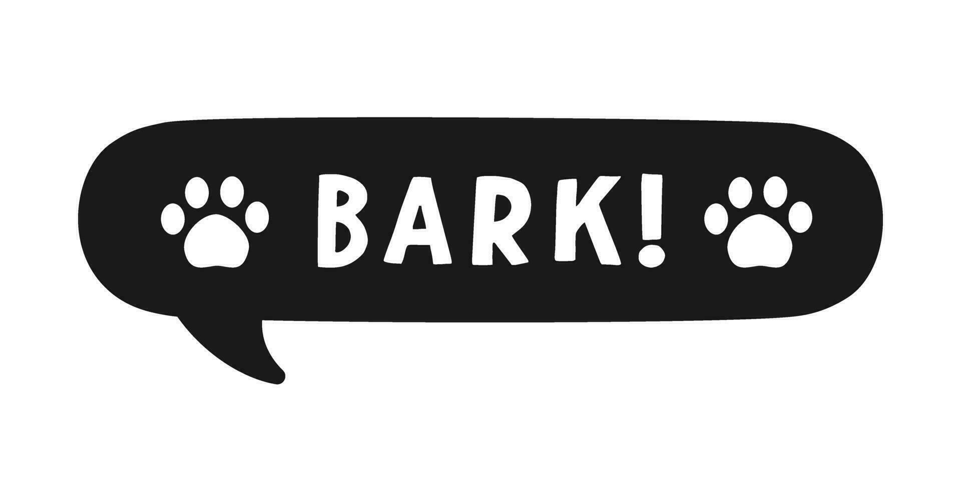 bark text i en Tal bubbla ballong silhuett. söt tecknad serie serier hund ljud effekt och text. vektor illustration.