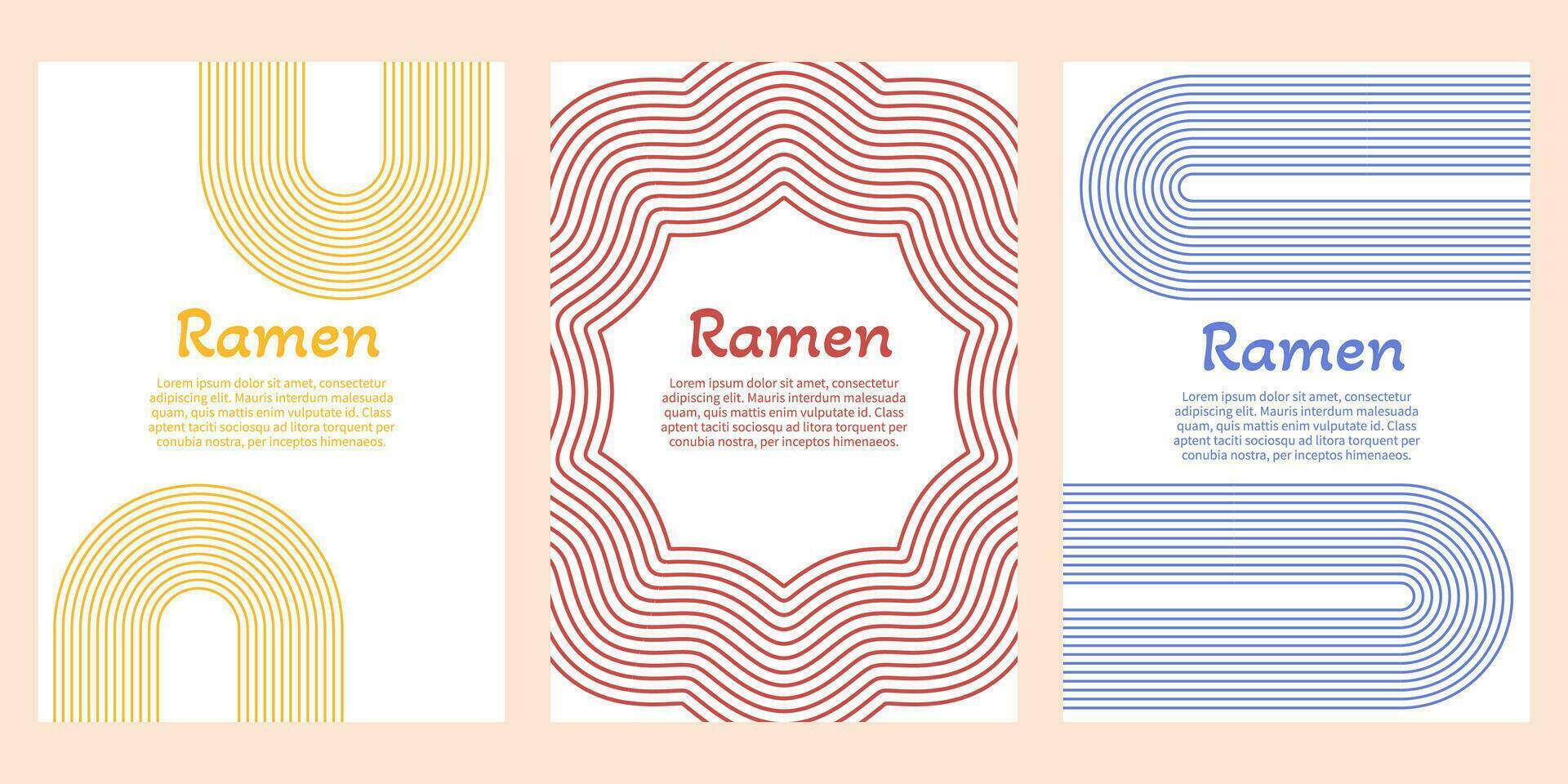 nudel Ramen gul, röd och blå textur affisch mall. samling med pasta vågig bakgrund. italiensk spaghetti, makaroner illustration vektor