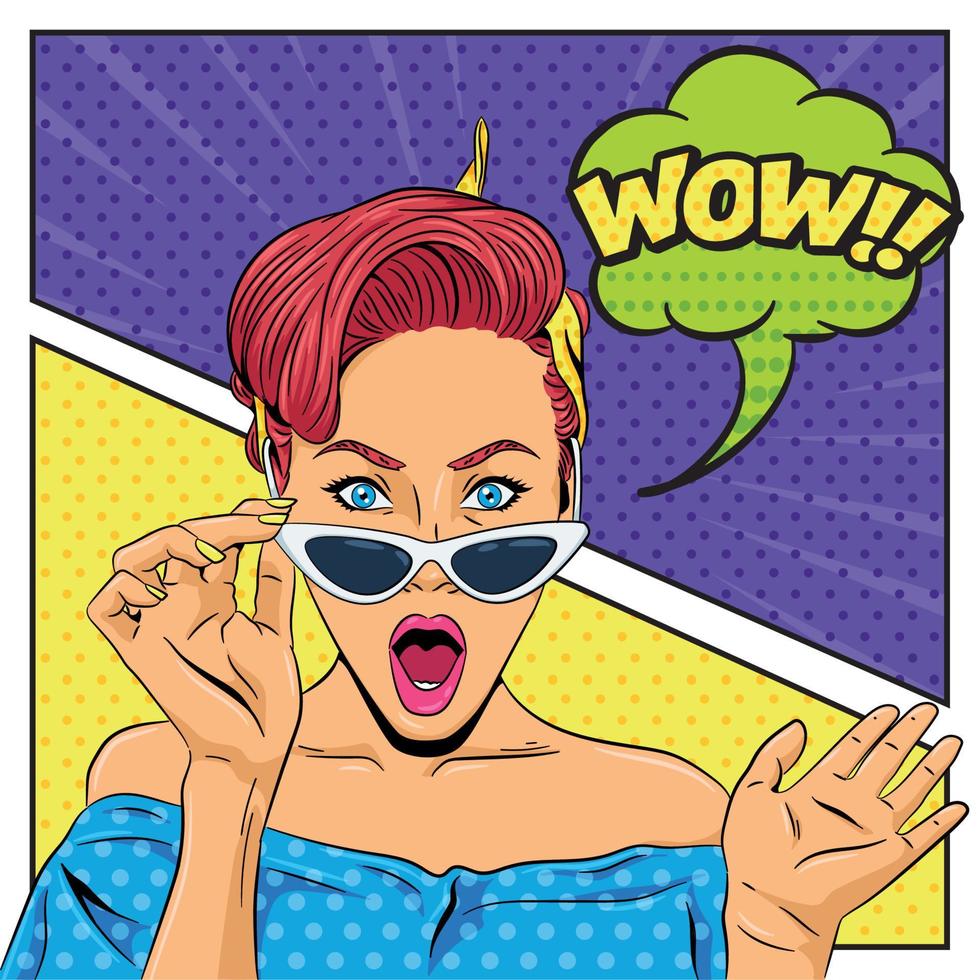 Pop-Art-Retro-Frau mit Sonnenbrille auf einer Comic-Seite vektor