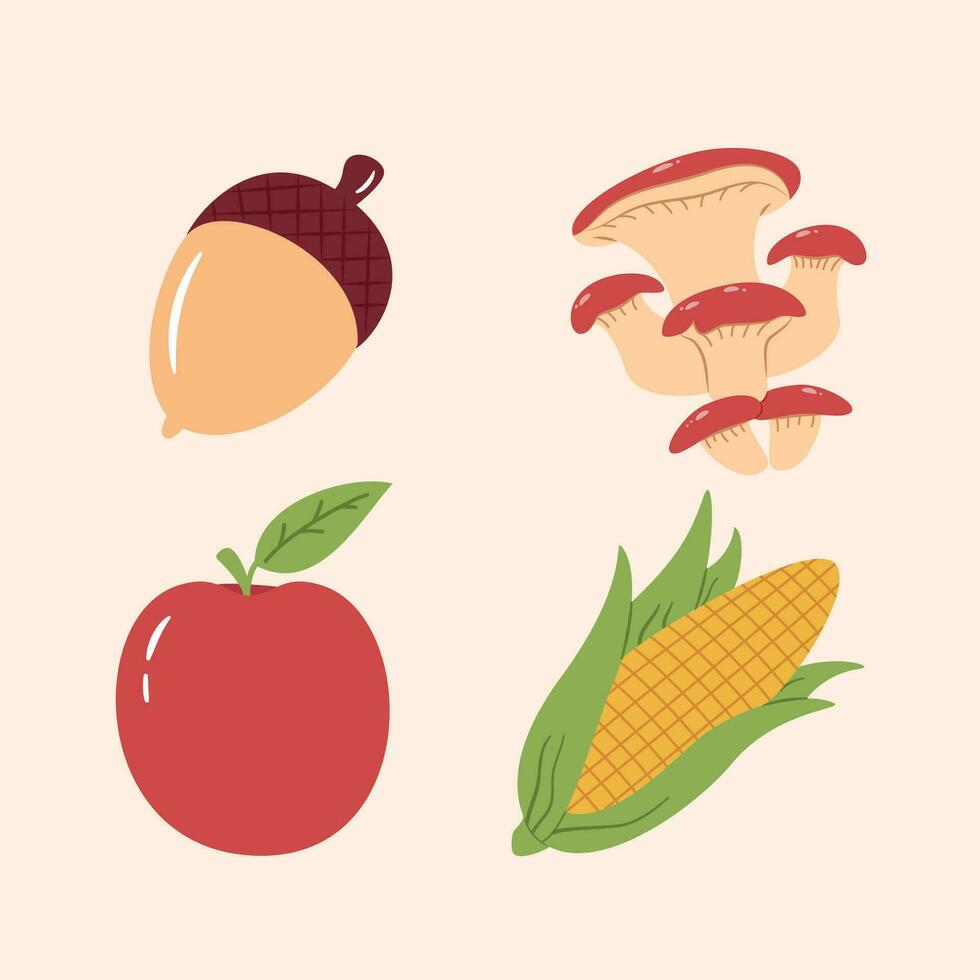 Apfel, Eichel, Pilz, Mais eben Illustration, Ernte Herbst Illustration vektor