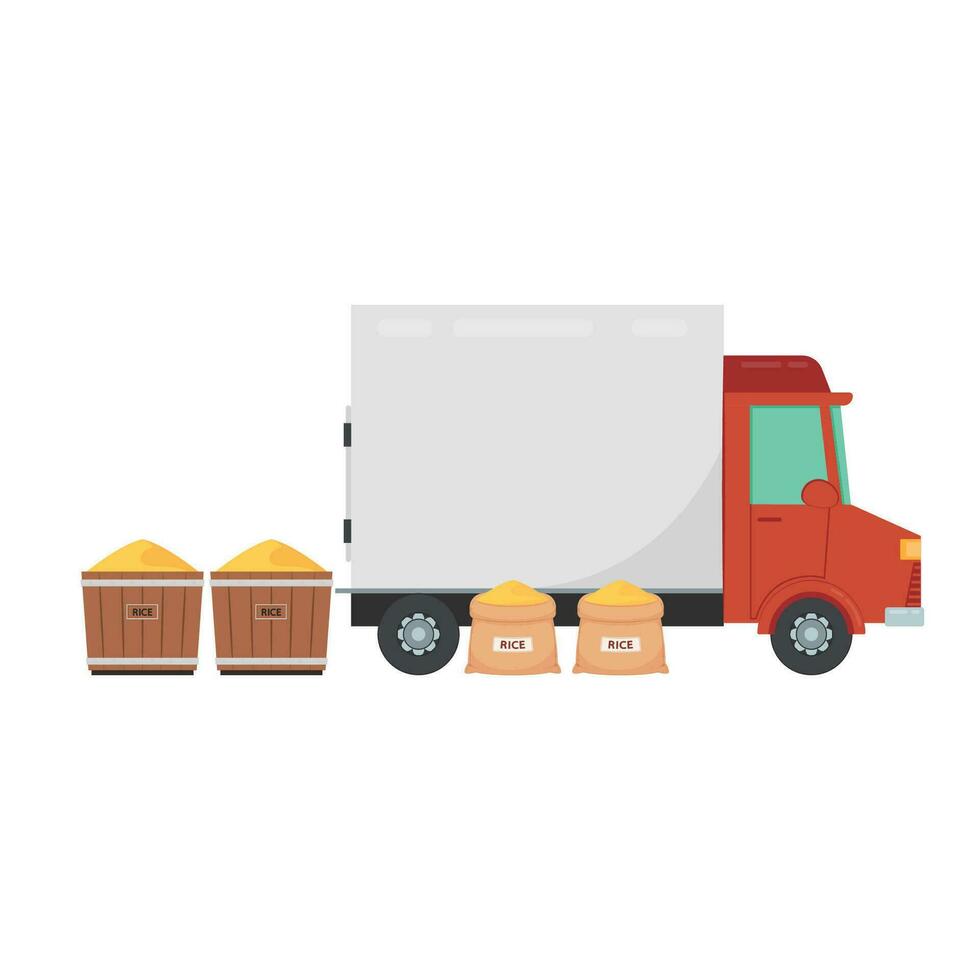 ris lastbil tecknad serie. små lastbil på vit bakgrund. ris korg och ris säck vektor. vektor