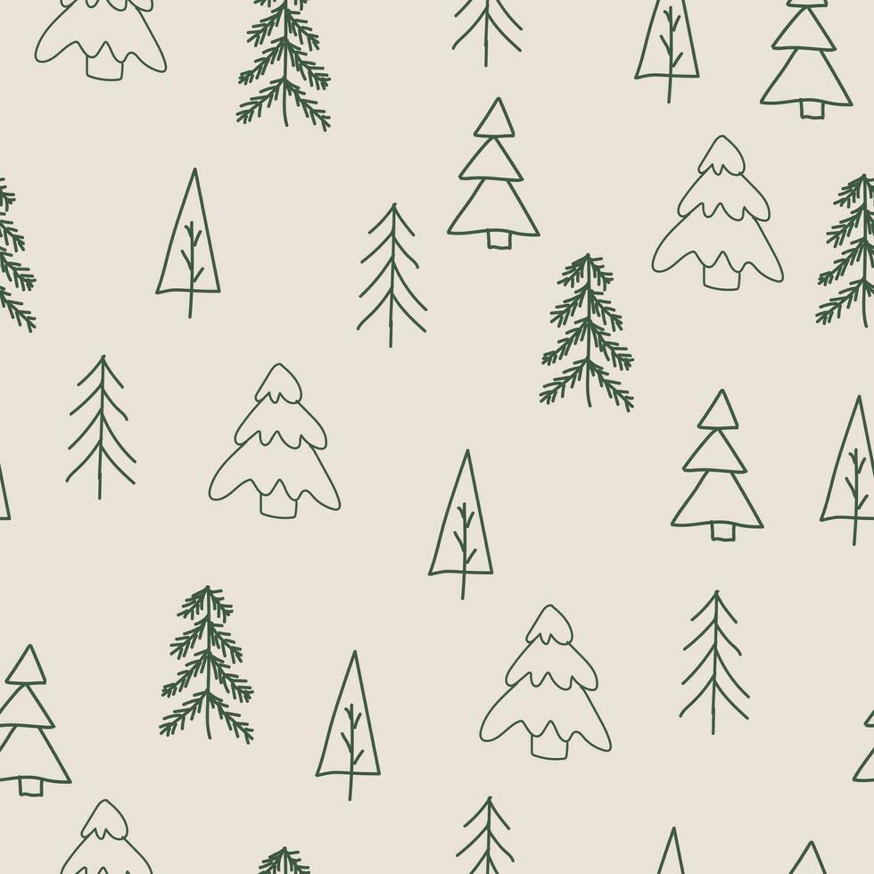 sömlös mönster på en beige bakgrund med hand dragen jul träd i en scandinavian enkel stil. illustration med klotter ikoner vektor