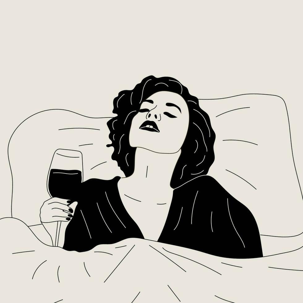 schwarz und Weiß Frau Getränke ein Glas von Wein im Bett. Vektor. Wein Zeit vektor