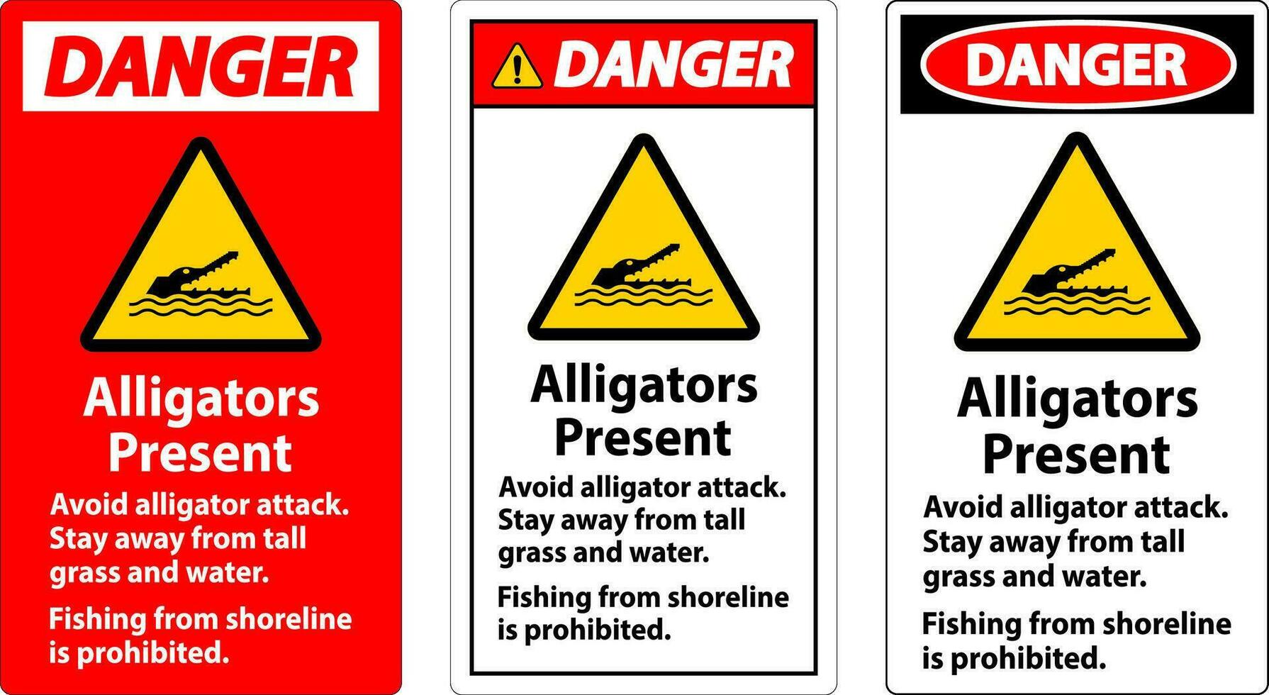 alligator varning tecken, fara - alligatorer närvarande, undvika alligator ge sig på, stanna kvar bort, fiske från strandlinje är förbjuden vektor