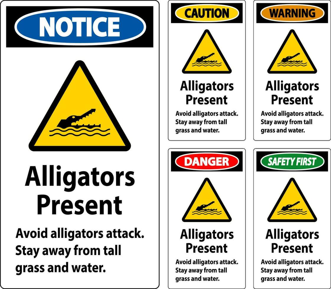 alligator varning tecken, fara - alligatorer närvarande undvika ge sig på, stanna kvar bort från lång gräs och vatten vektor