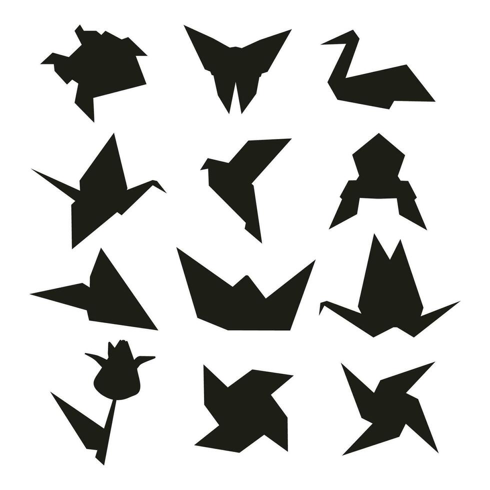 origami vikta papper former fågel, kran, groda, fjäril, låda, tulpan. platt illustration uppsättning samling. svart silhuett ikon vektor