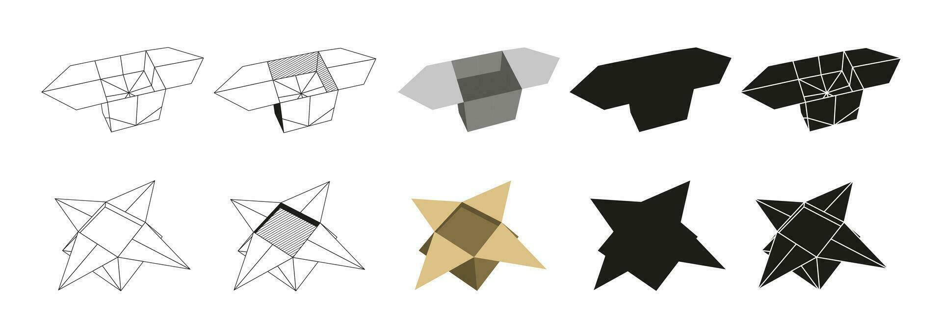 origami låda vikta papper former. platt illustration uppsättning. linje, grafisk, Färg och svart silhuett ikon vektor