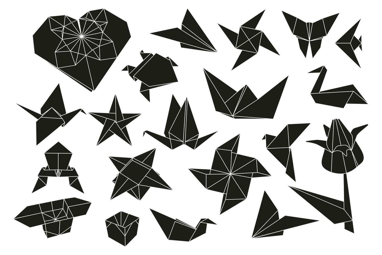 origami vikta papper former fågel, kran, groda, fjäril, låda, tulpan. platt illustration uppsättning samling. svart silhuett ikon vektor