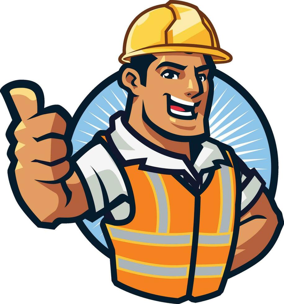 vektor illustration av en leende manlig konstruktion arbetstagare i en hård hatt och hög synlighet väst, gestikulerar tummen upp